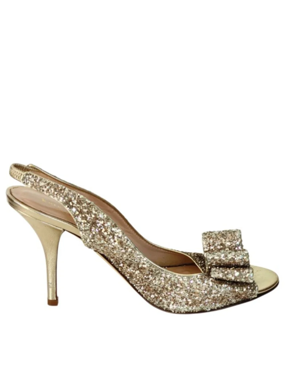 KATE SPADE Charm‎ Gold Glitter Bow Peep Toe Slingback Sandals Wedding Size 6.5